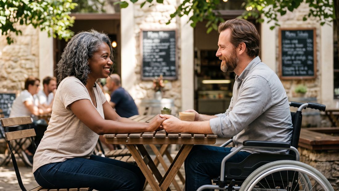 A mature couple holding hands across a cafe table, one using a wheelchair