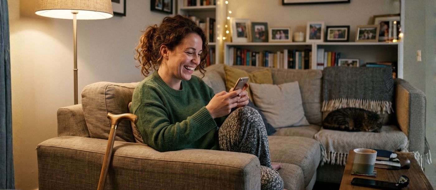 A woman on her sofa at home writing on her phone, a cane resting nearby