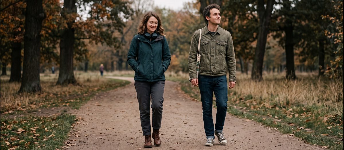 Two people walking together along a quiet tree lined path, relaxed and unhurried