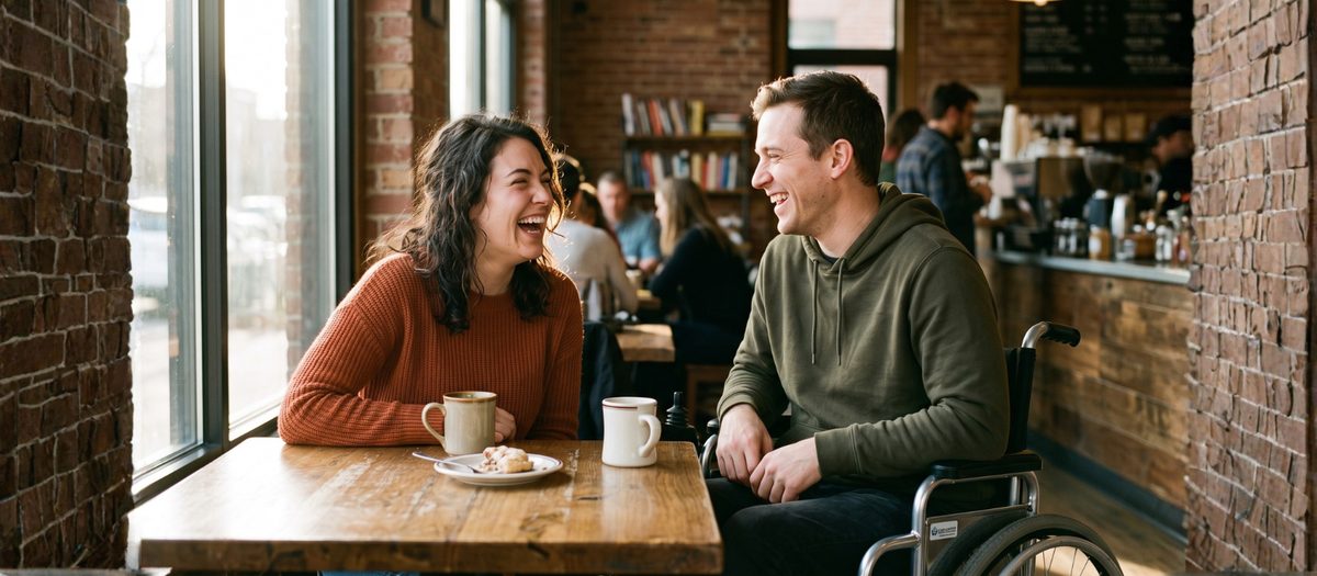 Two people talking and laughing over coffee at a cafe table, one using a wheelchair